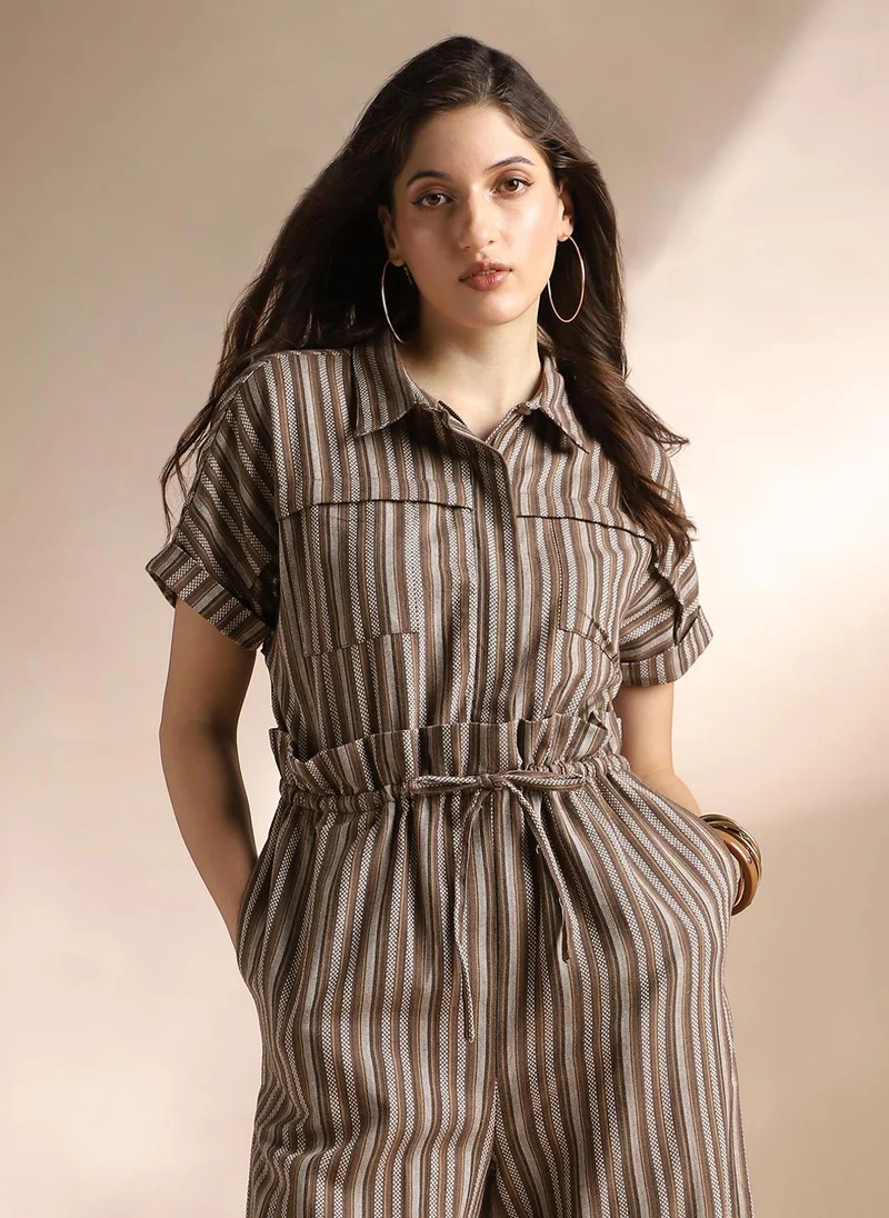 globus Brown Globus Women Brown Striped Extended Sleeves Collared Neck Waist Tie-Ups Wide Leg Jumpsuit for Women | Best Price UAE